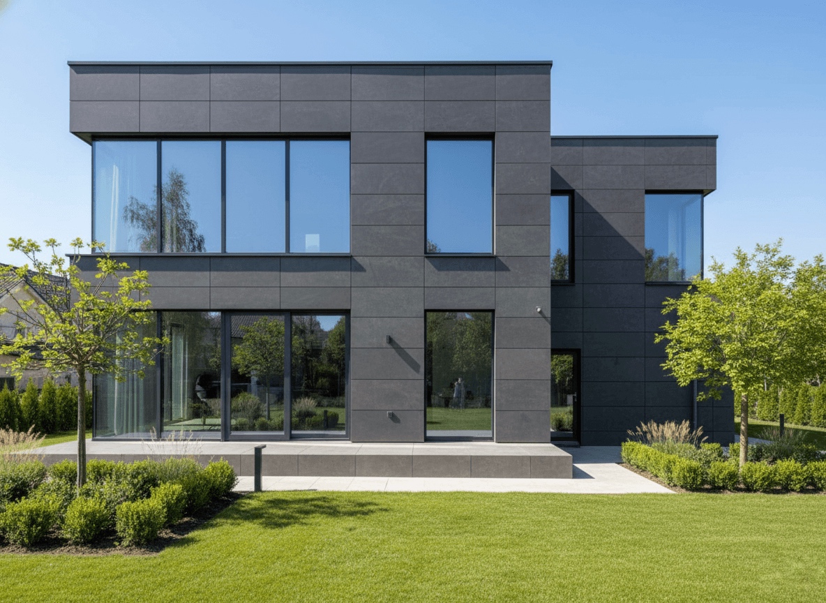 Вид на сад через большие стеклянные створки — роскошь и комфорт.