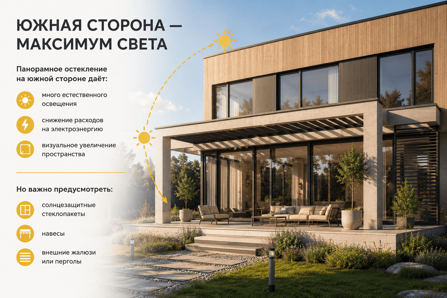 Панорамное остекление на южной стороне дома — максимум естественного света, визуальное расширение пространства и энергоэффективность. Современный дом в скандинавском стиле с большими окнами, навесами, перголой и солнцезащитными стеклопакетами для комфортного проживания в любое время года.