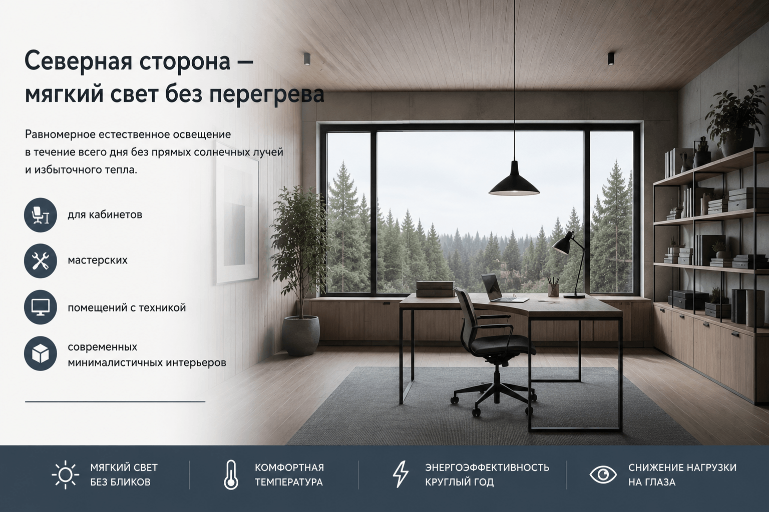 Северная сторона дома с панорамным остеклением — мягкий естественный свет без перегрева и бликов. Идеальное решение для кабинетов, мастерских, помещений с техникой и современных минималистичных интерьеров. Скандинавский дизайн, энергоэффективность и комфортное освещение в течение всего дня.
